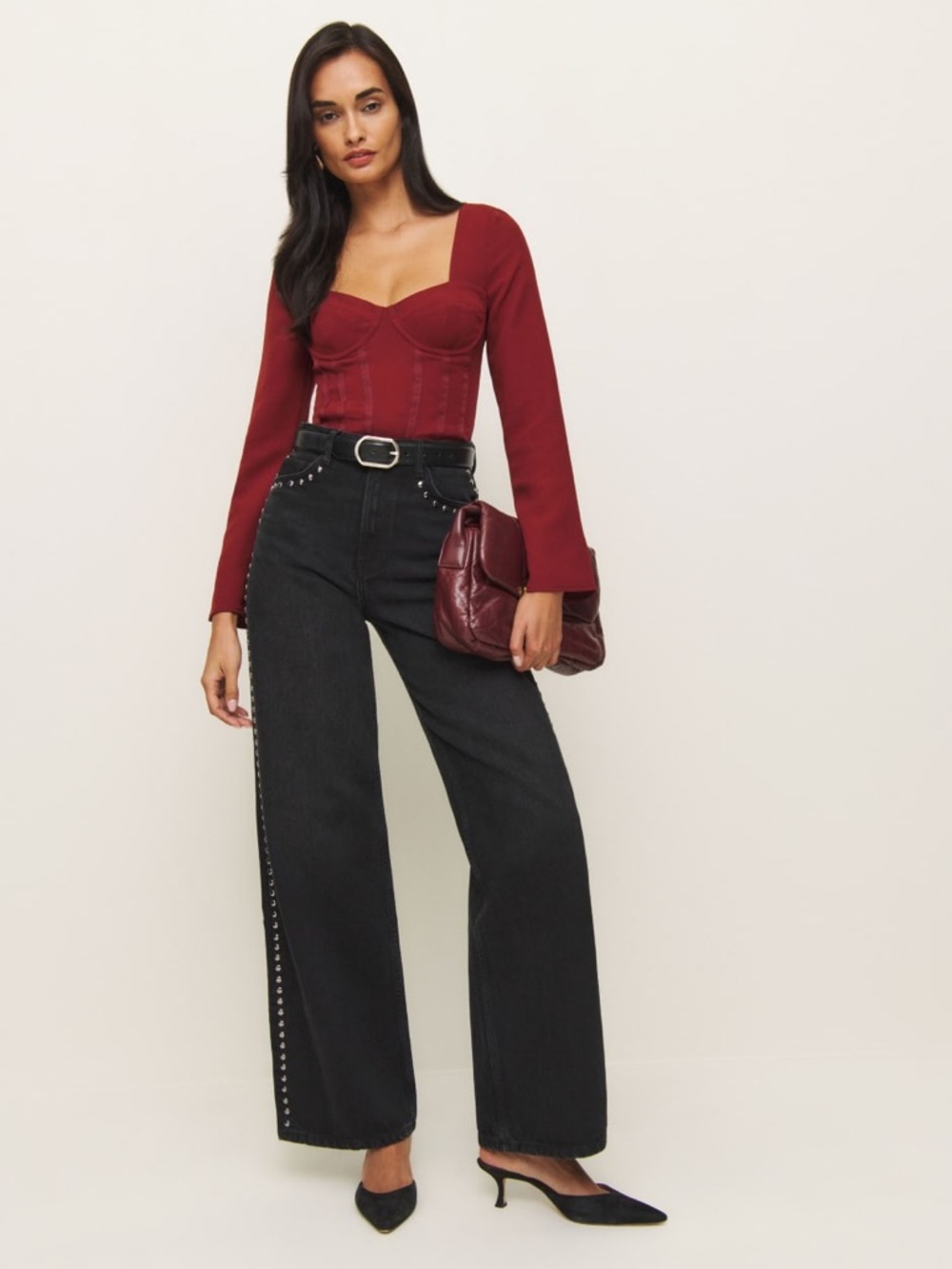 Reformation NWT Cary High Rise Slouchy Wide Leg Jeans Loose Fitting Studs Black